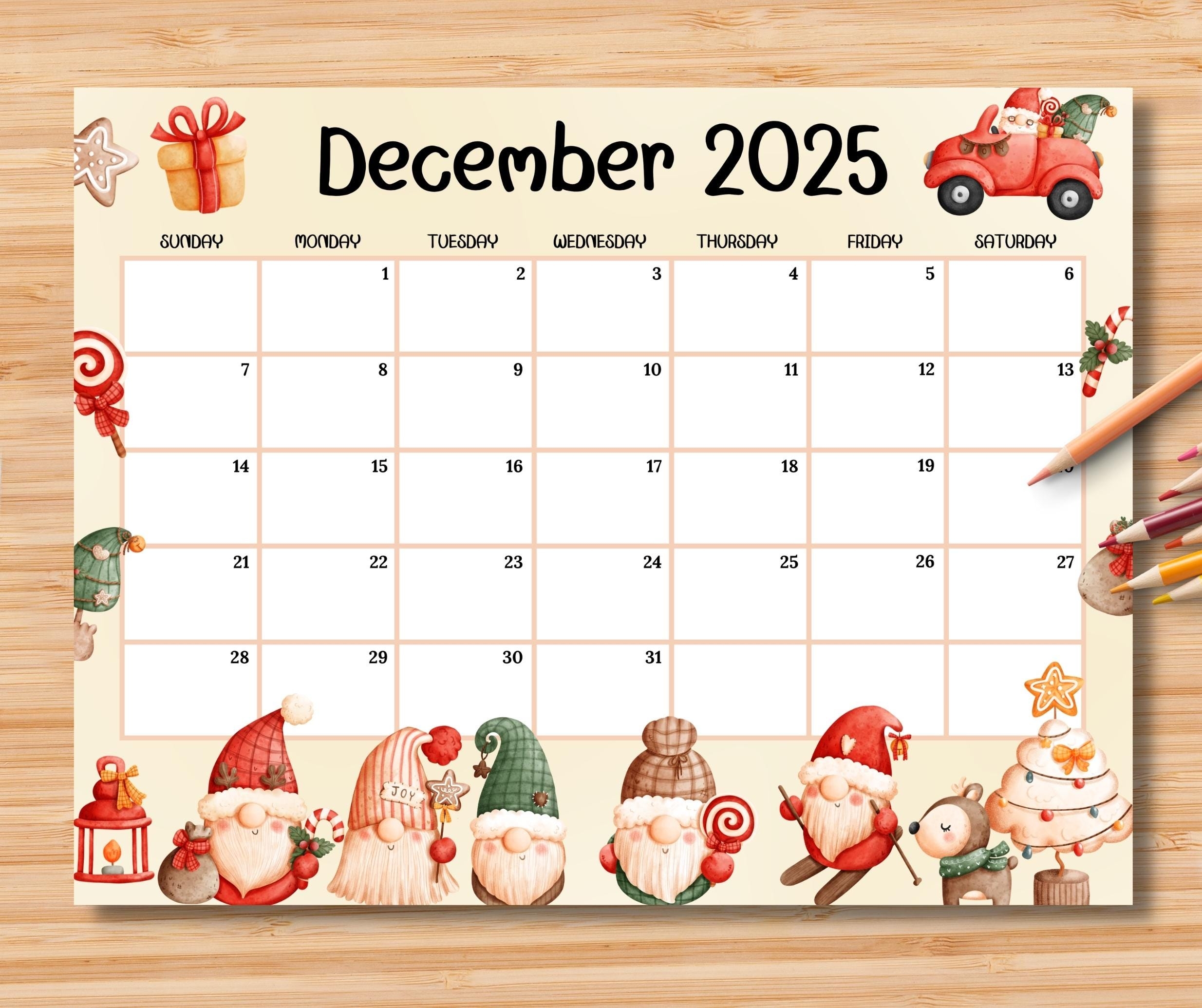 EDITABLE December 2025 Calendar Joyful Christmas W Cute Gnome 