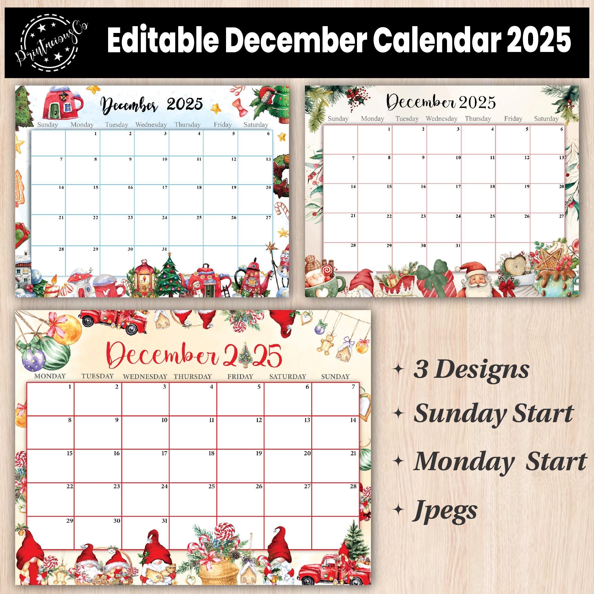 Editable December 2025 Calendar Printable Wall Calendar 2025 Fillable Monthly Planner Sunday U0026 Monday Start Kids Calendar 2025 Etsy