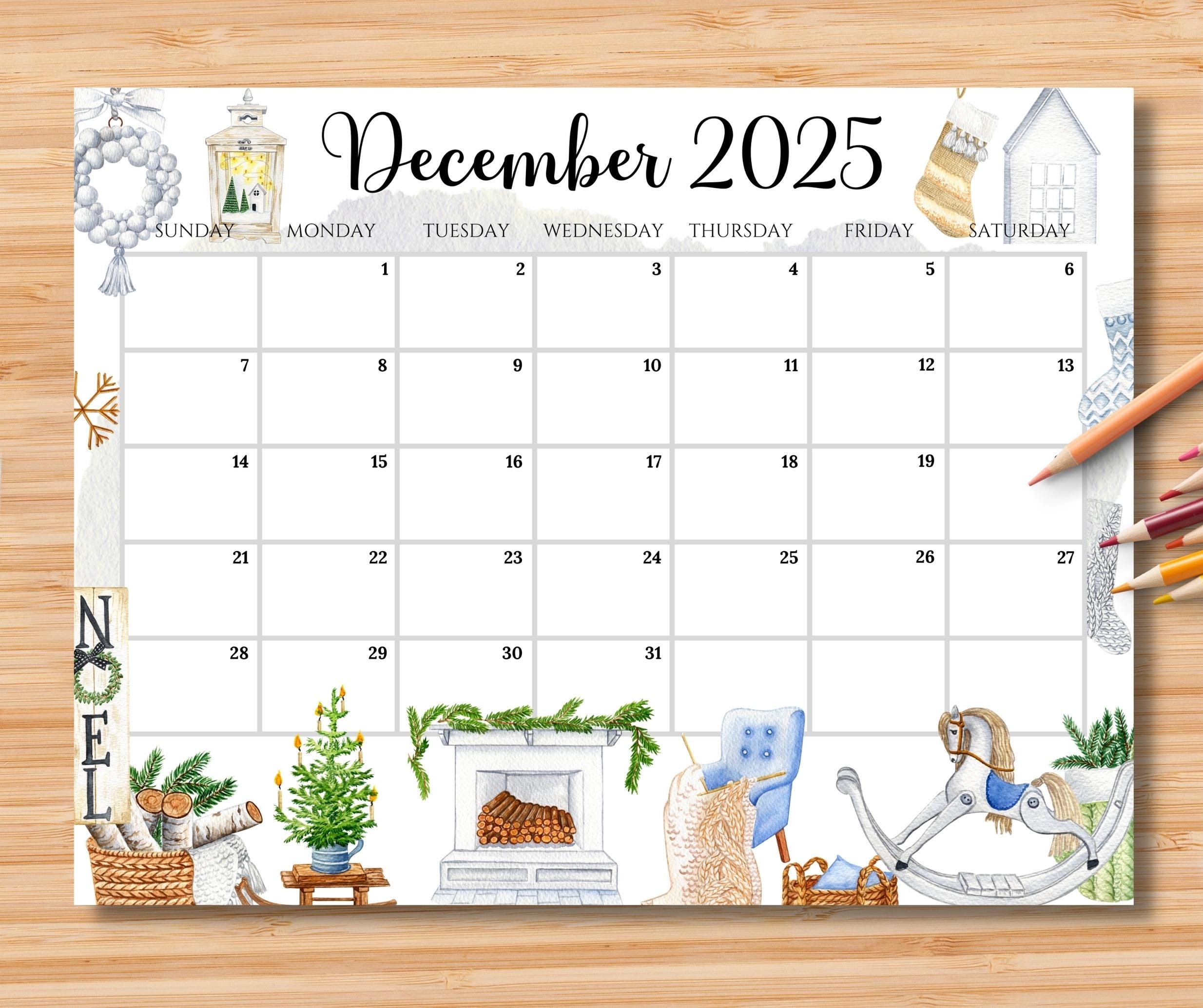 EDITABLE December 2025 Calendar Scandinavian Christmas 