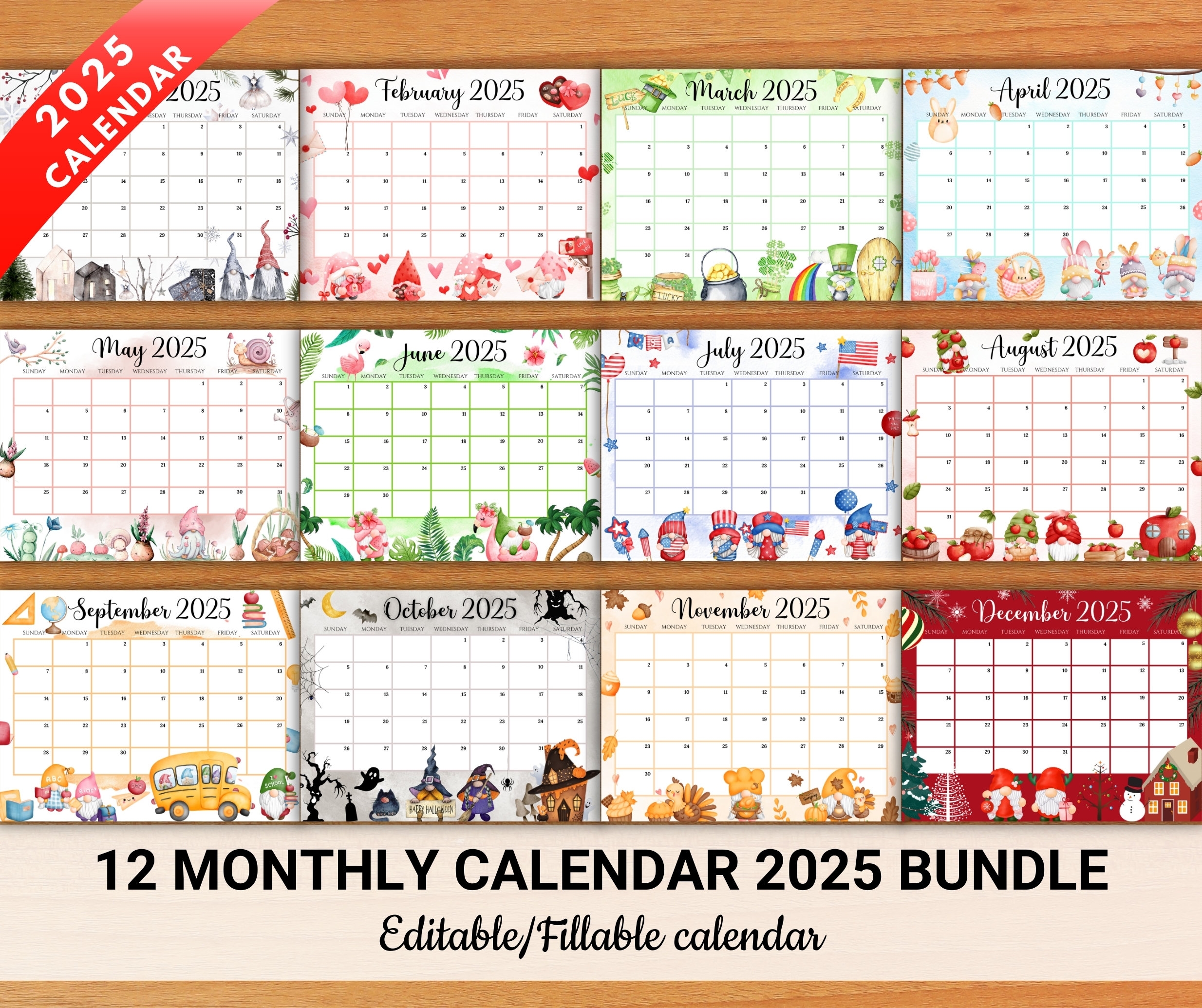 EDITABLE Gnome Monthly Calendar 2025 12 Beautiful Fillable Monthly Planner Cute Printable 2025 Calendar Planner For Kids Instant Download
