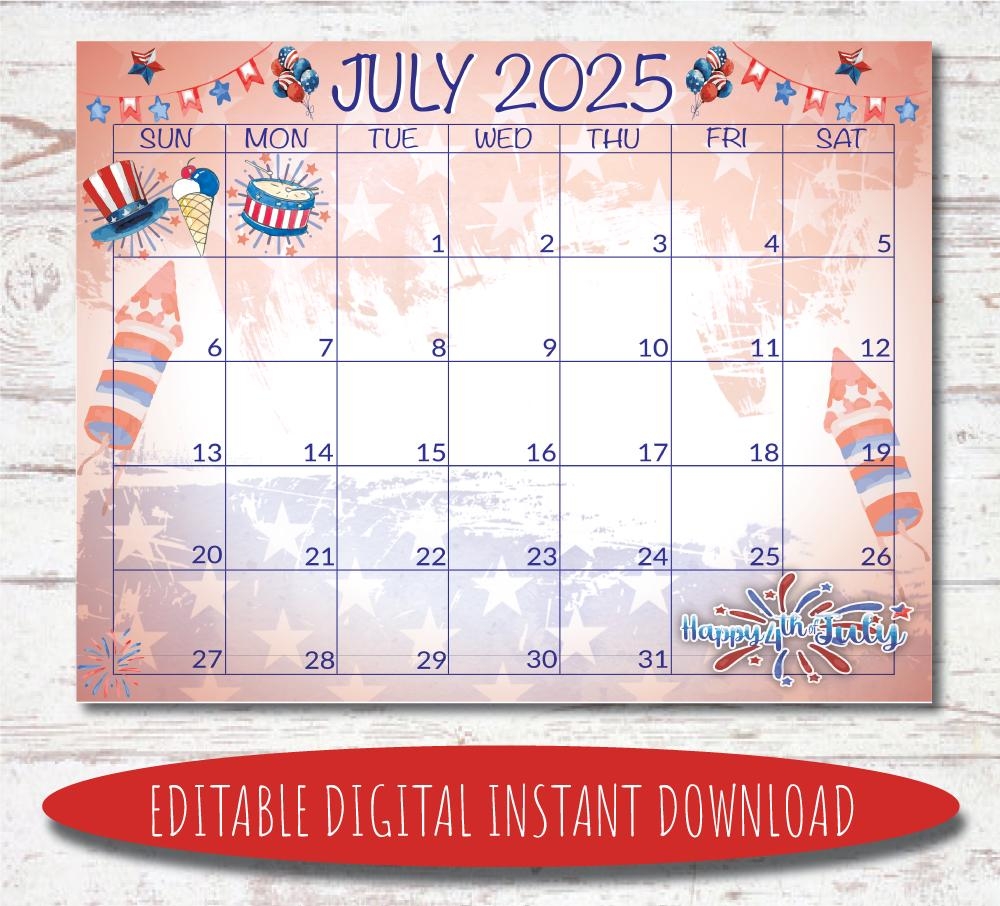 Editable July 2025 Calendar Digital Calendar Printable Calendar July Calendar Watercolor Calendar July 2025 Calendar Etsy Canada