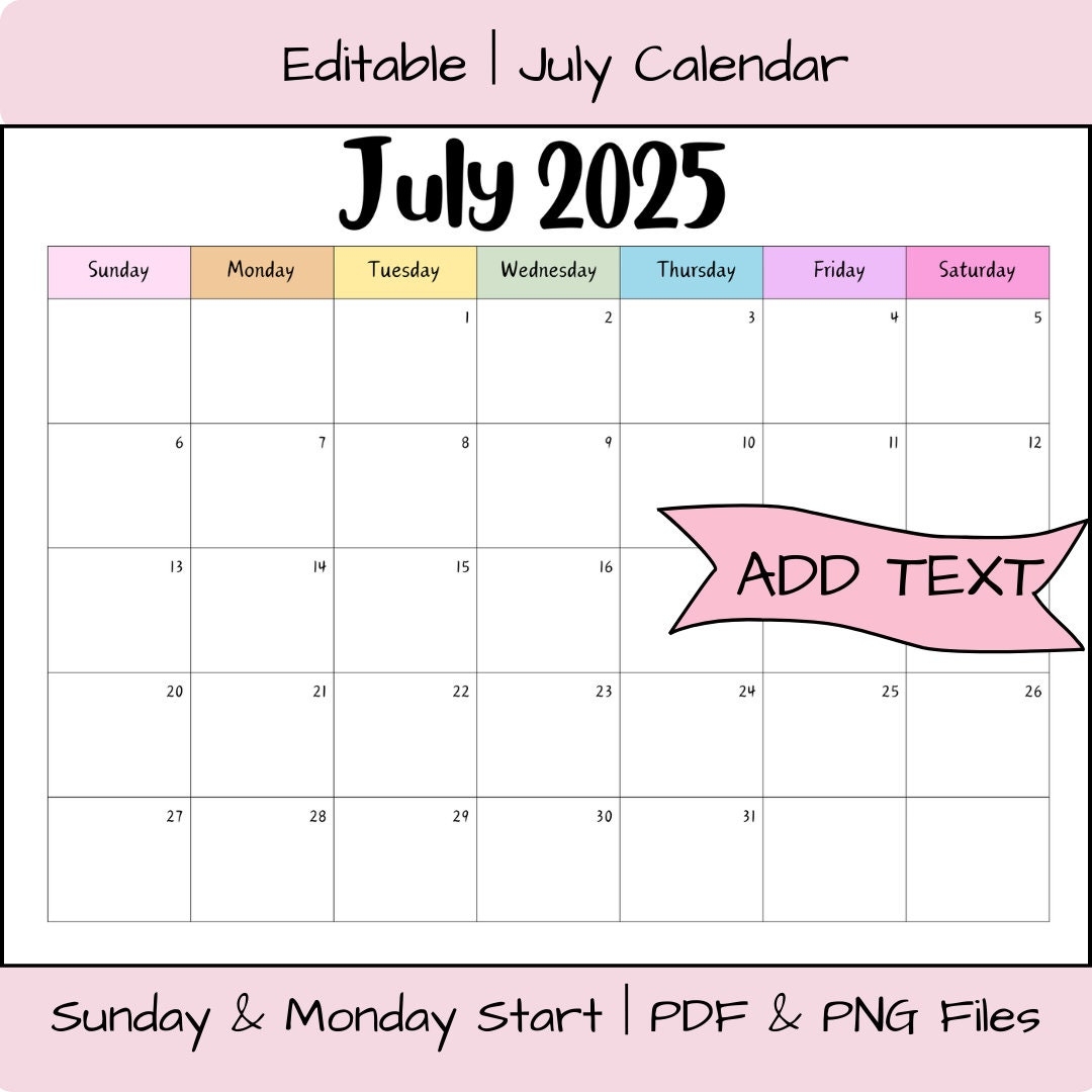 Editable July 2025 Calendar Printable Activity Planner Rainbow Classroom Calendar Digital Download PDF Files Family Organizer Fillable Etsy