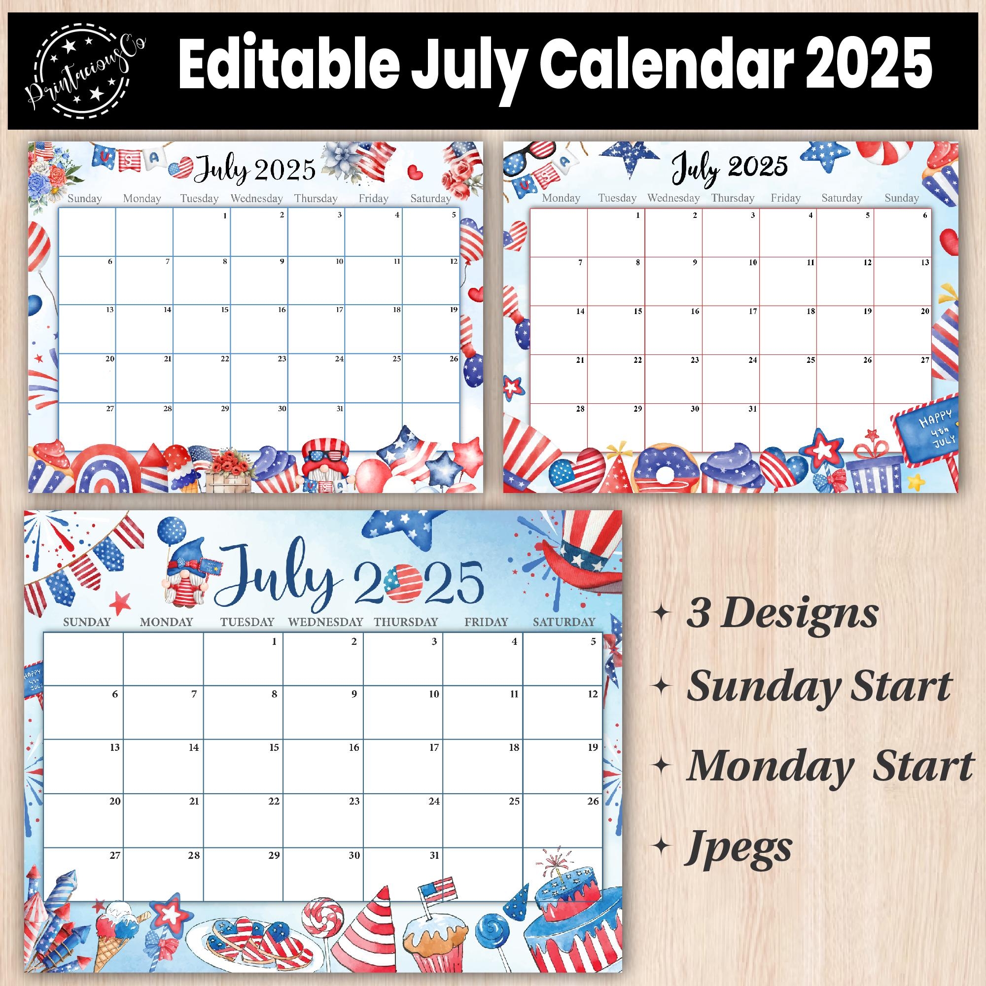 Editable July 2025 Calendar Printable Wall Calendar 2025 Fillable Monthly Planner Monday Start Kids Calendar 2025