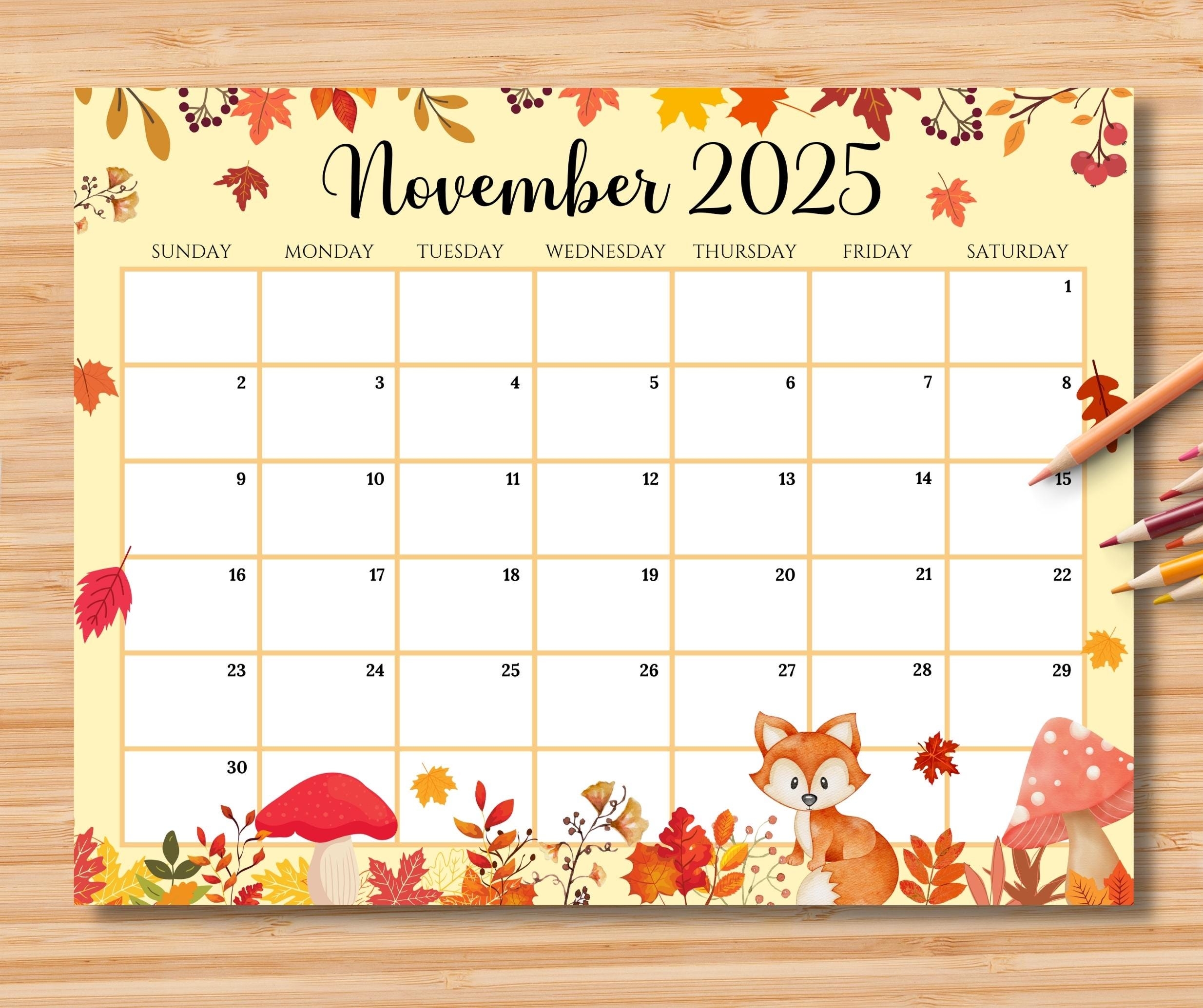 EDITABLE November 2025 Calendar Beautiful Fall Autumn Printable 