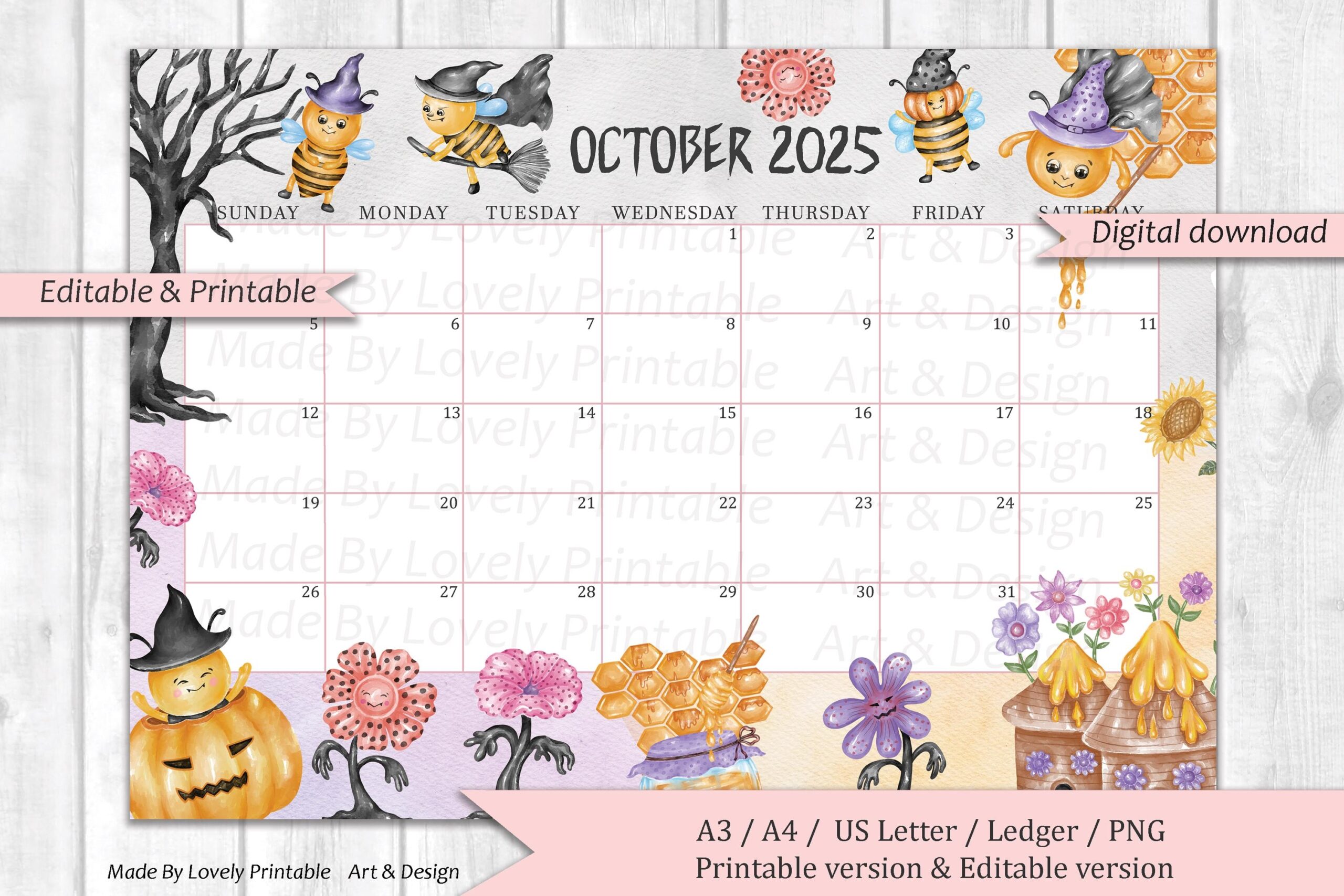 EDITABLE October 2025 Calendar Happy Halloween With Cute Bees EDITABLE October 2025 Calendar Happy Halloween With Cute Bees