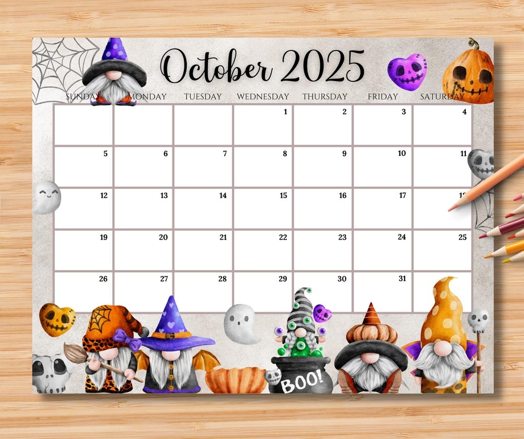 EDITABLE October 2025 Calendar Spooky Halloween W cute Gnome U0026 Pumpkins Printable Monthly Planner Schedule For Kid School Home Work Office Etsy