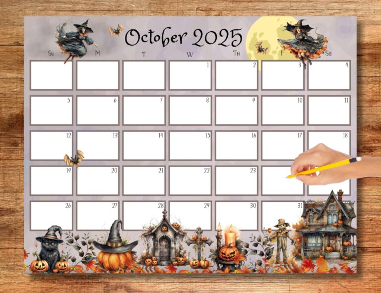 EDITABLE October 2025 Calendar Whimsical Calendar Spooky 