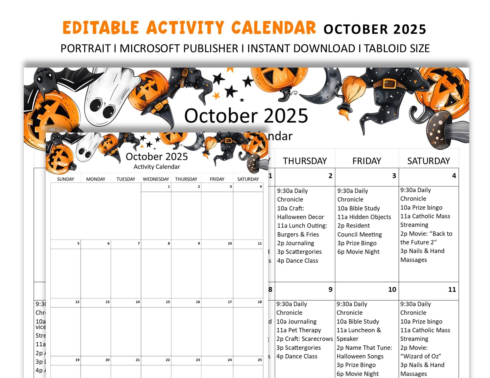 Editable October 2025 Senior Living Activity Calendar tabloid 11