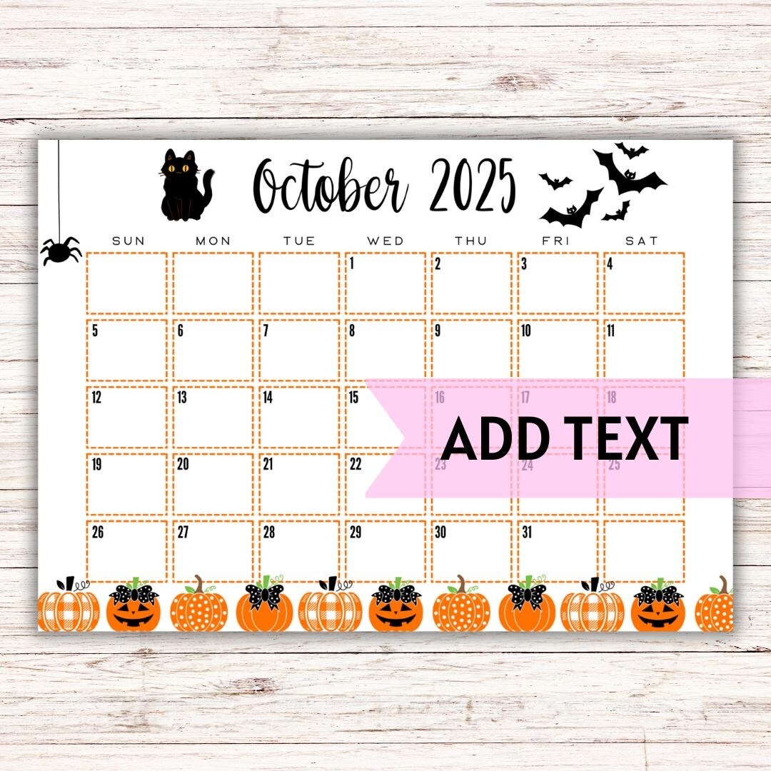 EDITABLE Printable October Calendar 2025 Halloween Calendar Cute 