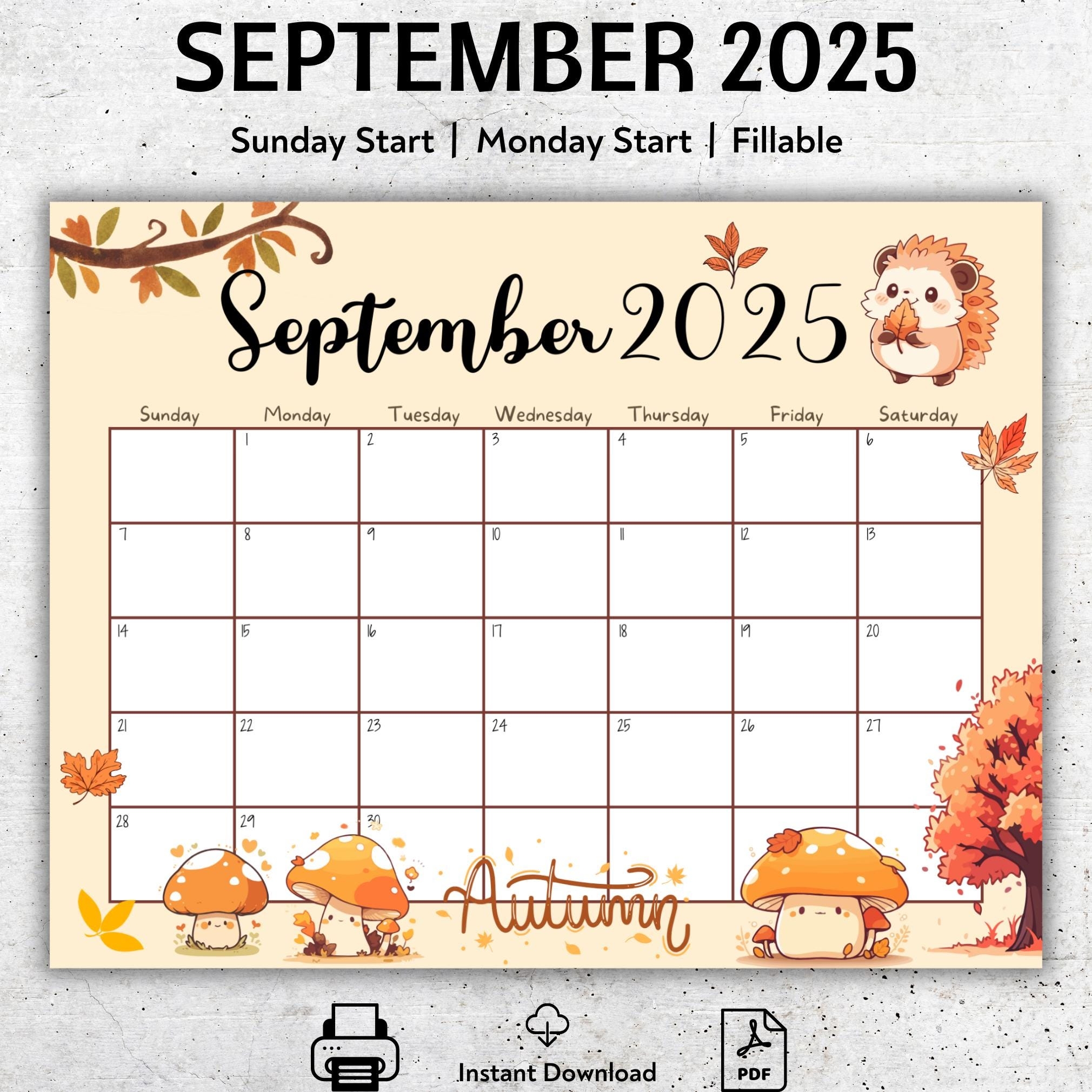 EDITABLE September 2025 Calendar Autumn Colors Printable 