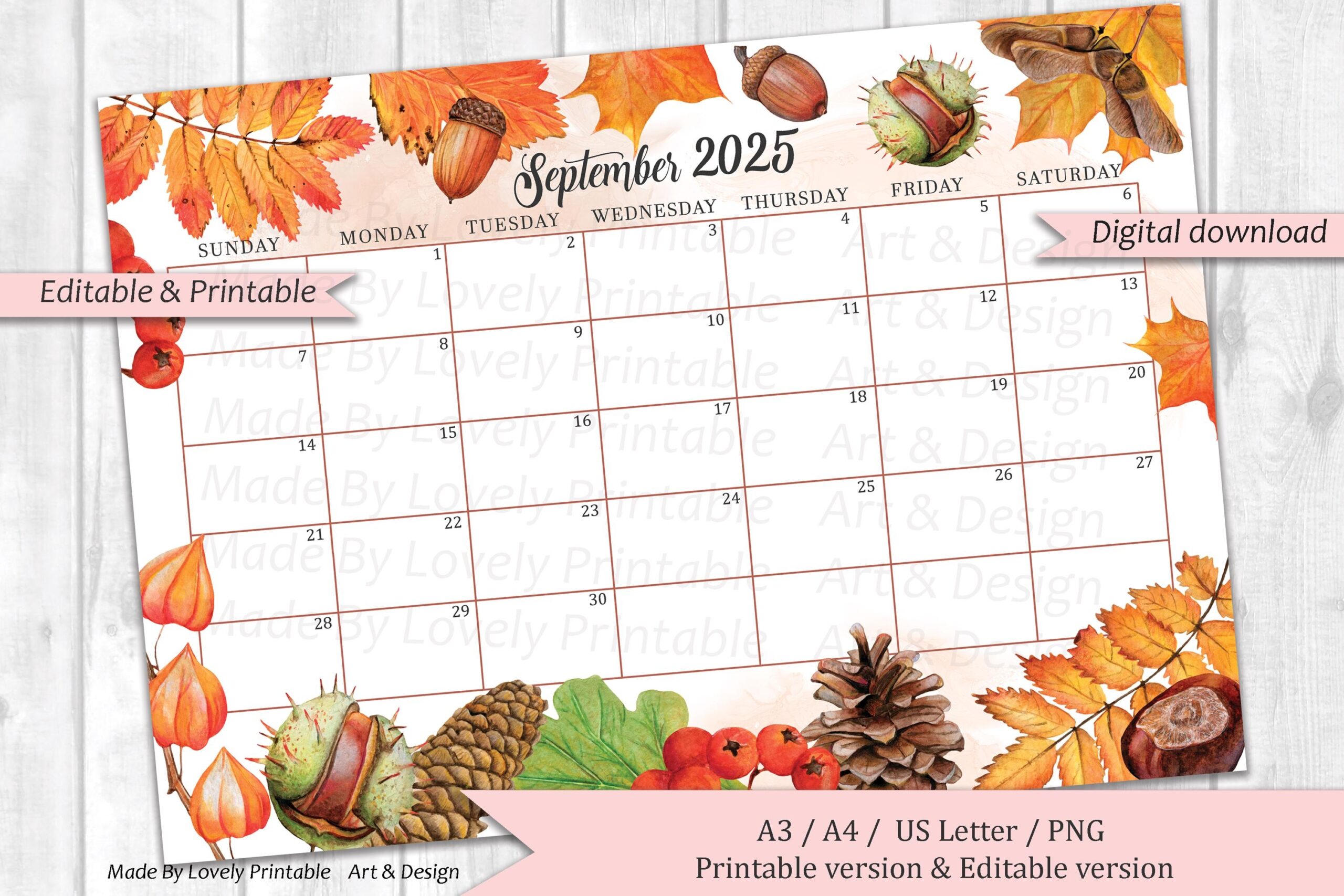 EDITABLE September 2025 Calendar Cozy Autumn Mood 
