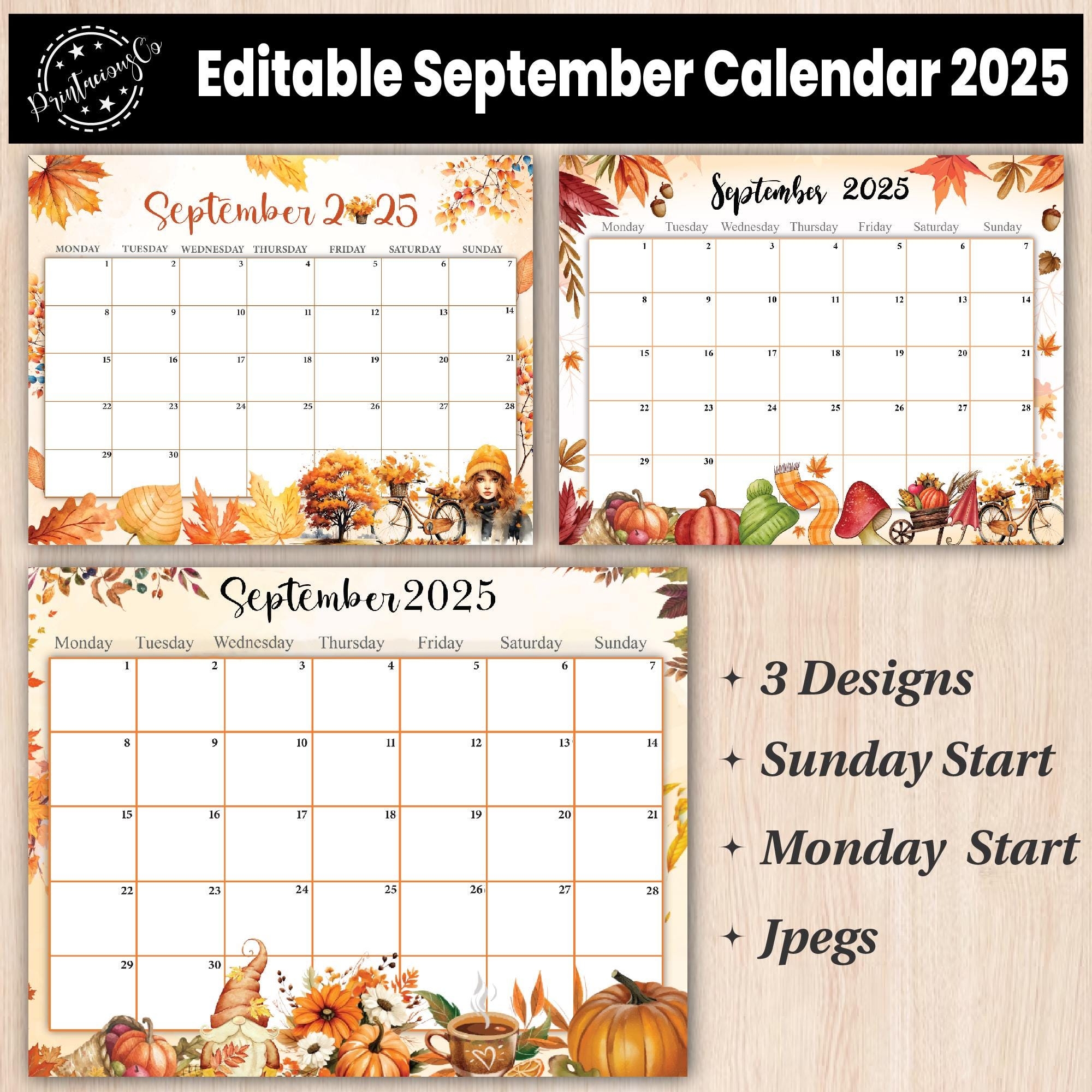 Editable September 2025 Calendar Printable Wall Calendar 2025 Fillable Monthly Planner Sunday U0026 Monday Start Kids Calendar 2025