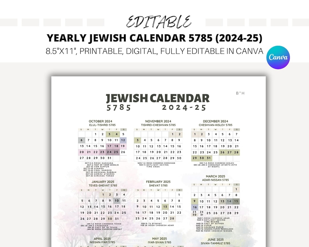 EDITABLE Yearly Jewish Calendar Jewish Calendar 5785 Hebrew Calendar 2024 2025 Hebrew Calendar 5785 Jewish Holidays Canva Template Etsy Australia