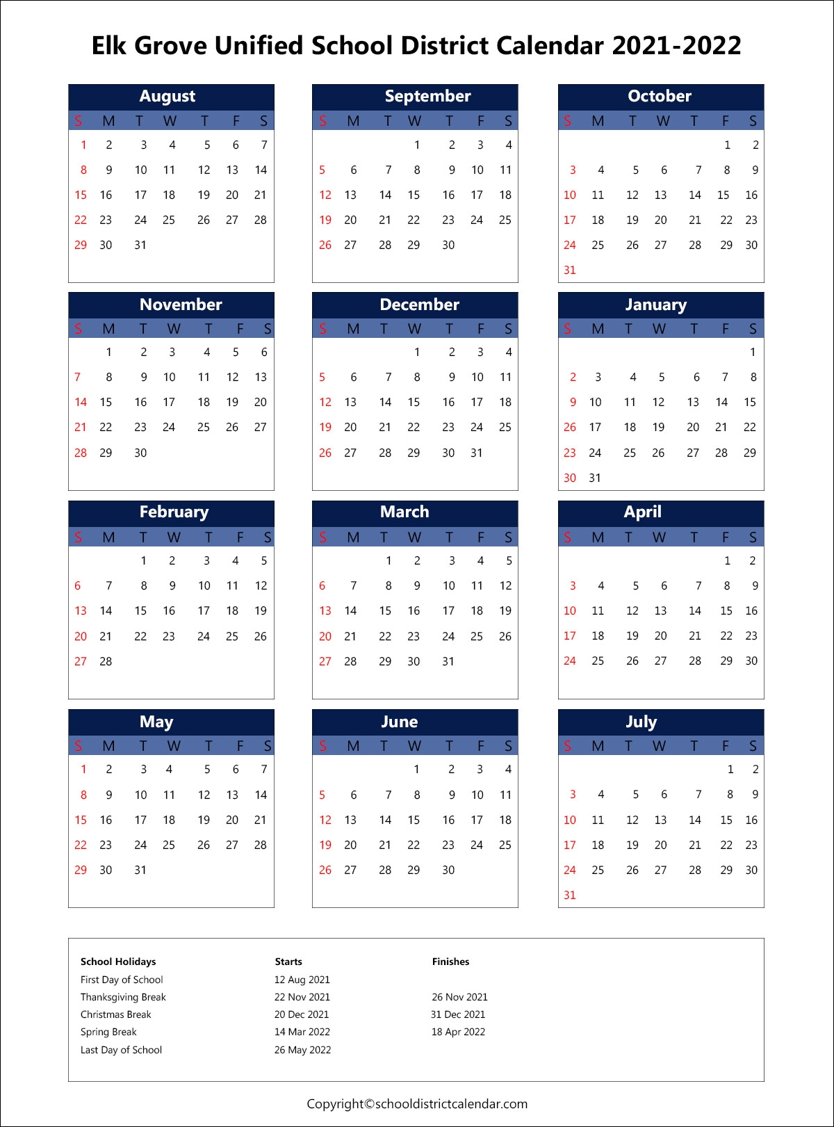 Elk Grove Unified Calendar Customizable Calendar Ideas