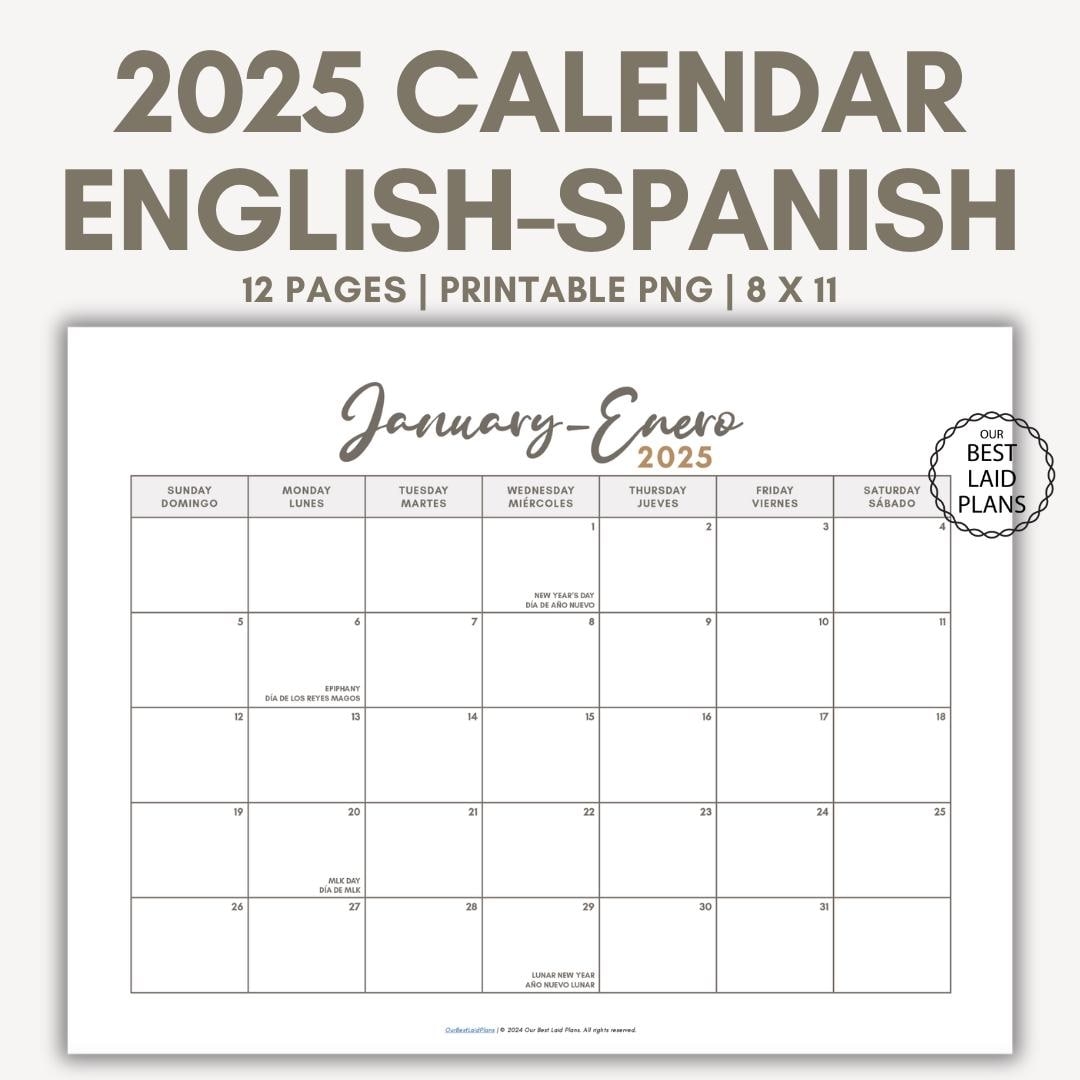 English Spanish Calendar For 2025 Printable PDF With Holidays Landscape Digital Download English Spanish 2025 Calendar Bilingual Calendar Etsy Ireland