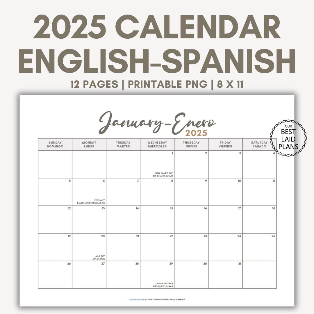 English Spanish Calendar For 2025 Printable PDF With Holidays Landscape Digital Download English Spanish 2025 Calendar Bilingual Calendar Etsy Ireland