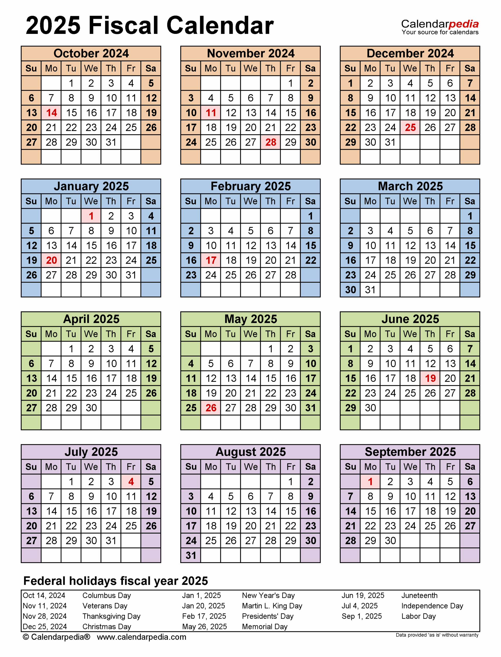 Fiscal Calendars 2025 Free Printable PDF Templates