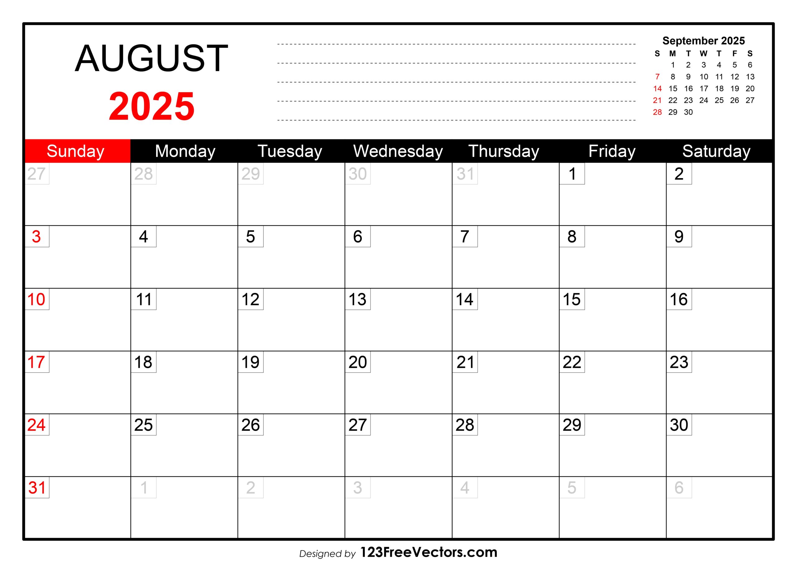 Free Download August 2025 Printable Calendar