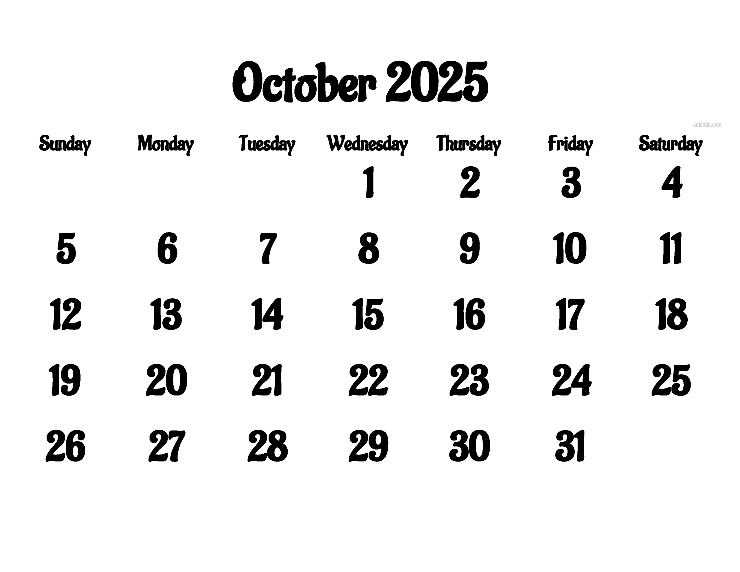Free Blank Calendar October 2025
