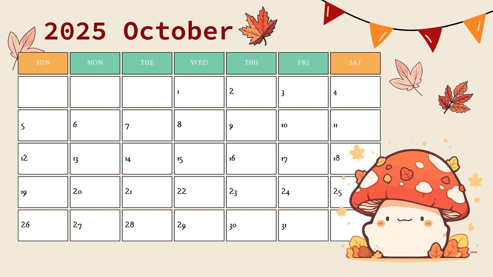 Editable Calendar 2025 October