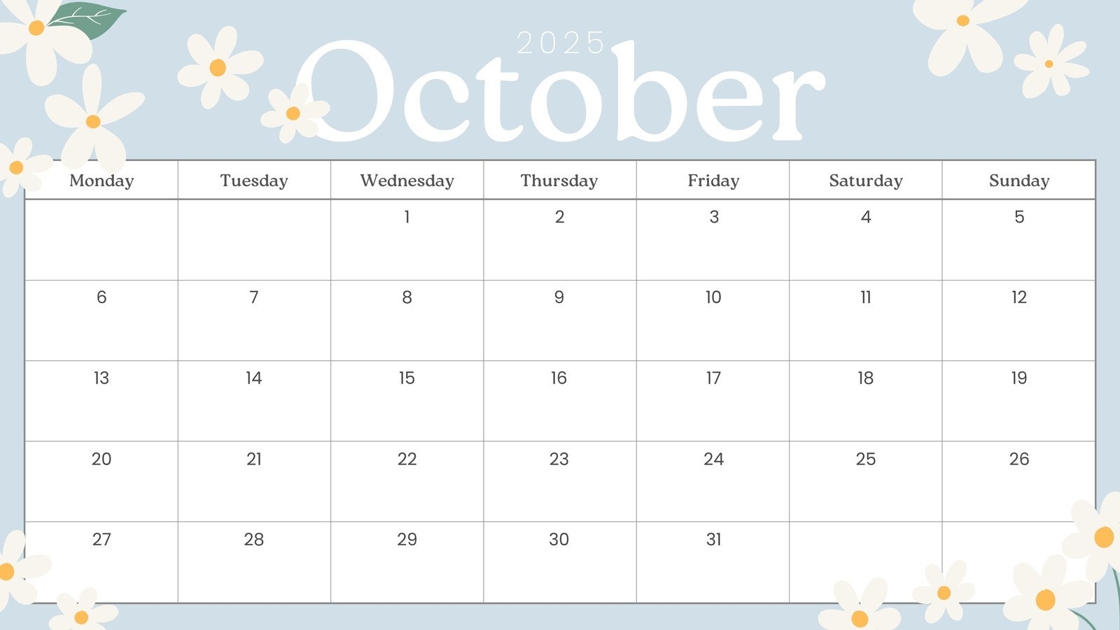 Free Printable Monthly Calendar 2025 October