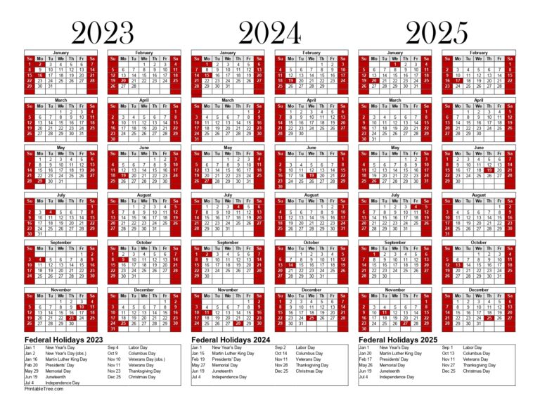 Free Printable 3 Year Calendar 2023 2024 U0026 2025 PDF Templates