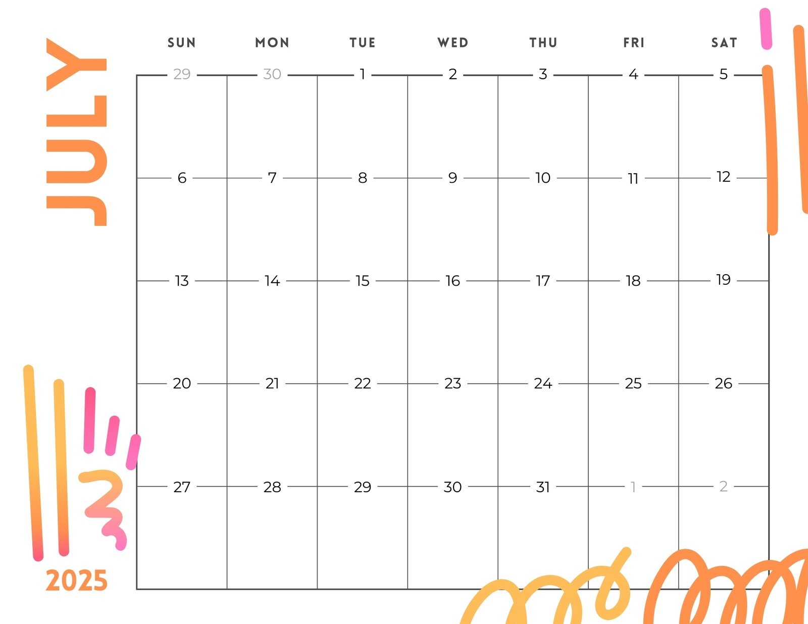 Editable Calender July 2025