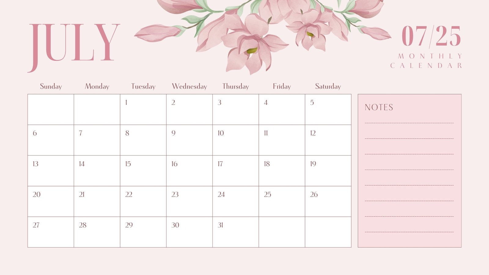 Free Printable Custom July 2025 Calendar Templates Canva