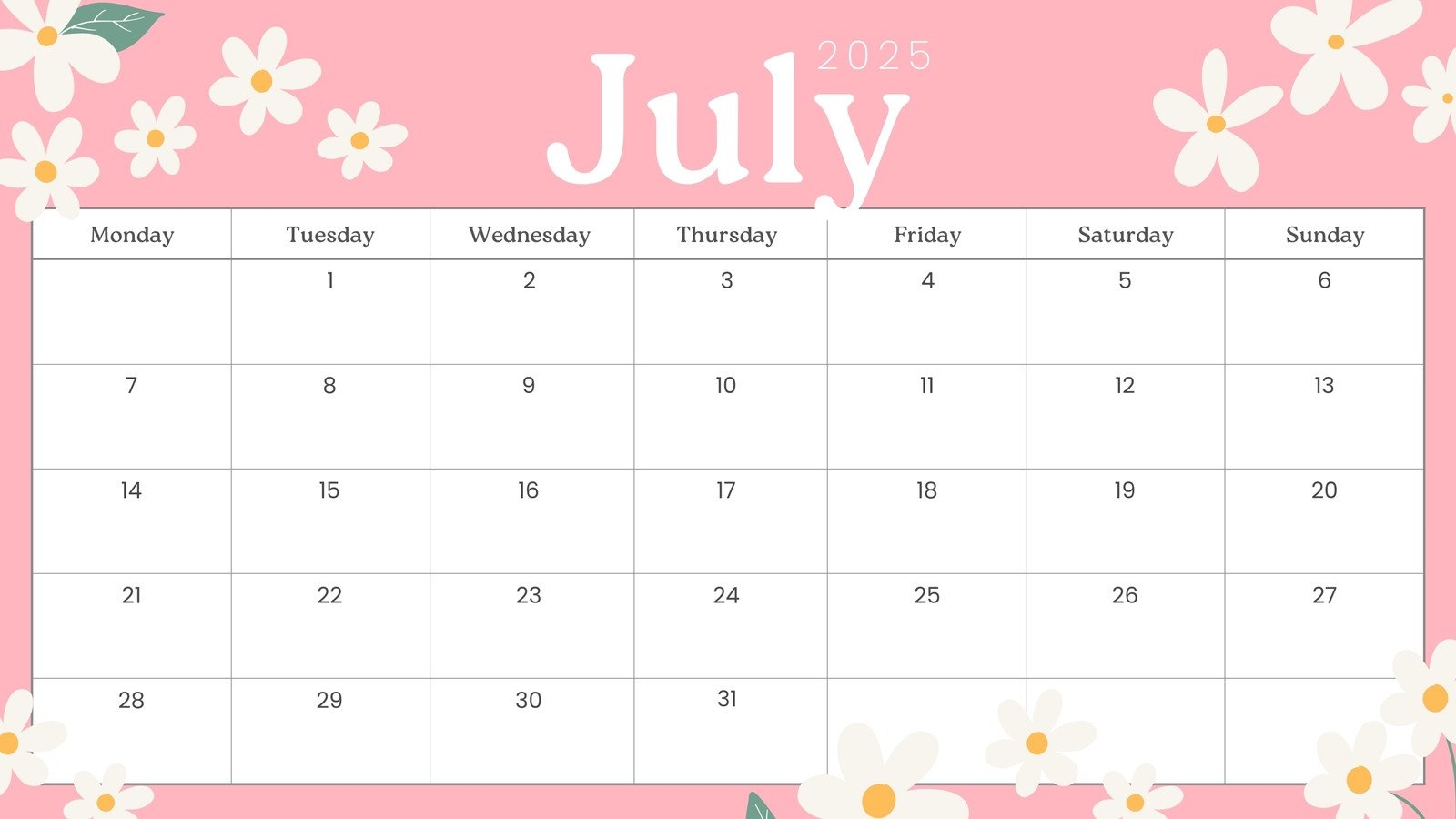 Calendar 2025 Of July