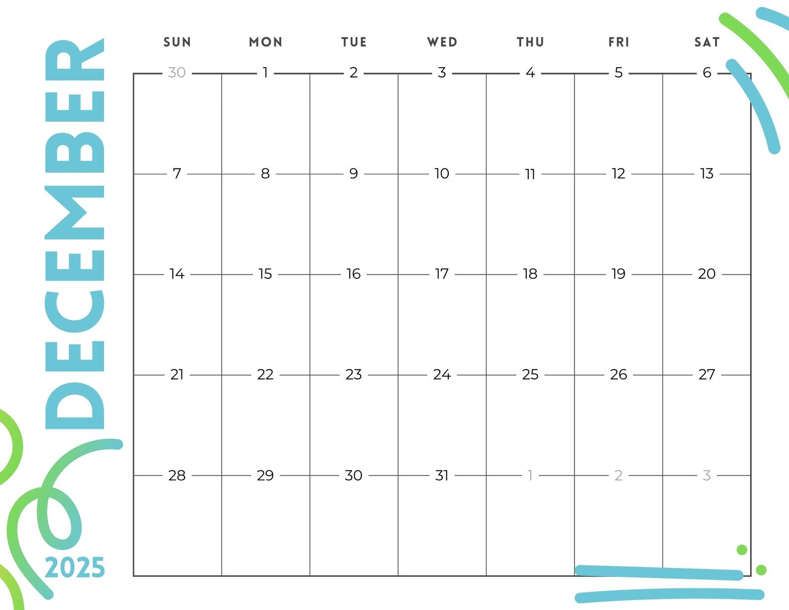 2025 December Calendar Excel