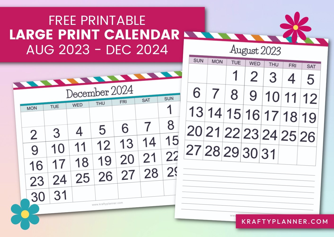 Free Printable Large Print Calendars August 2023 December 2024 