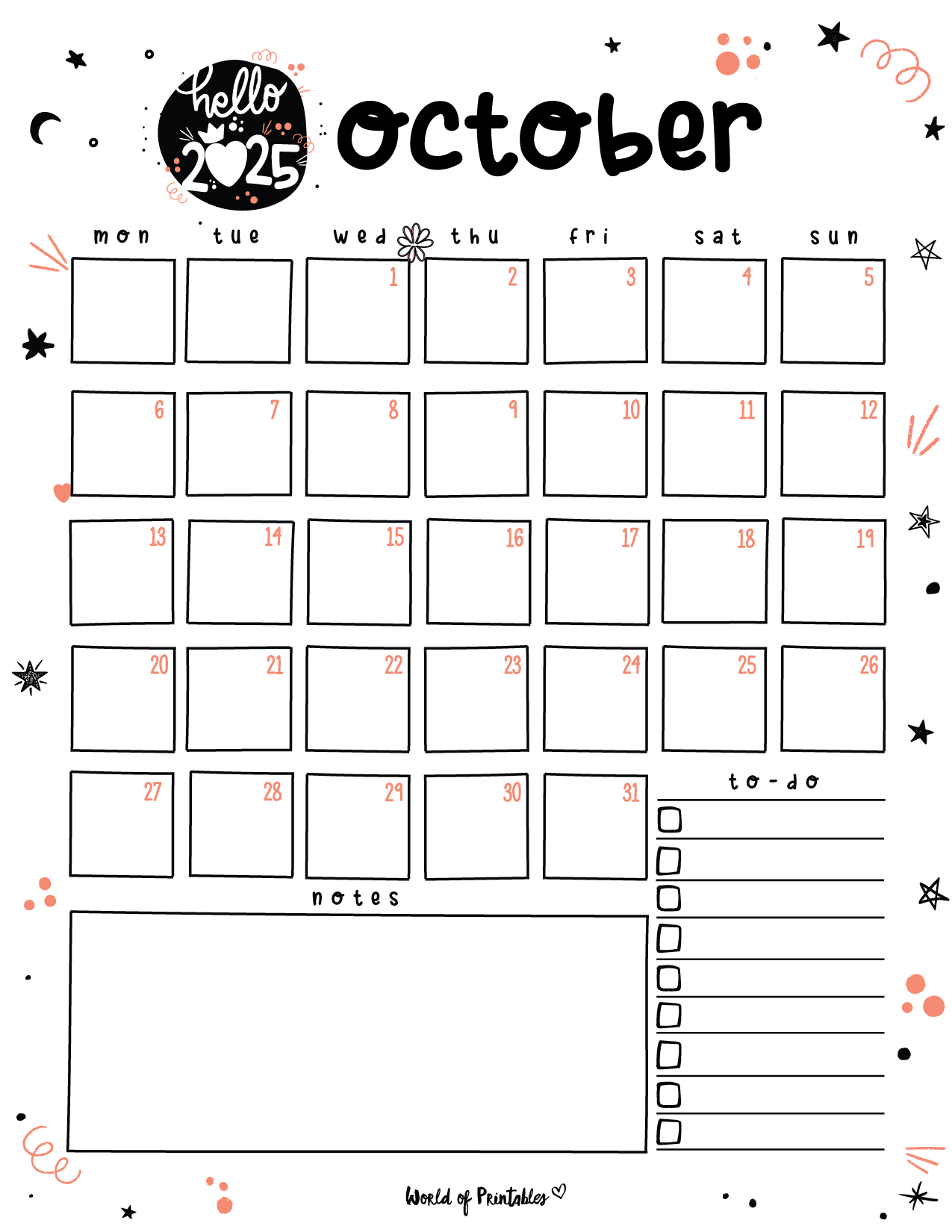 Printable Kids October 2025 Calendar Black And White