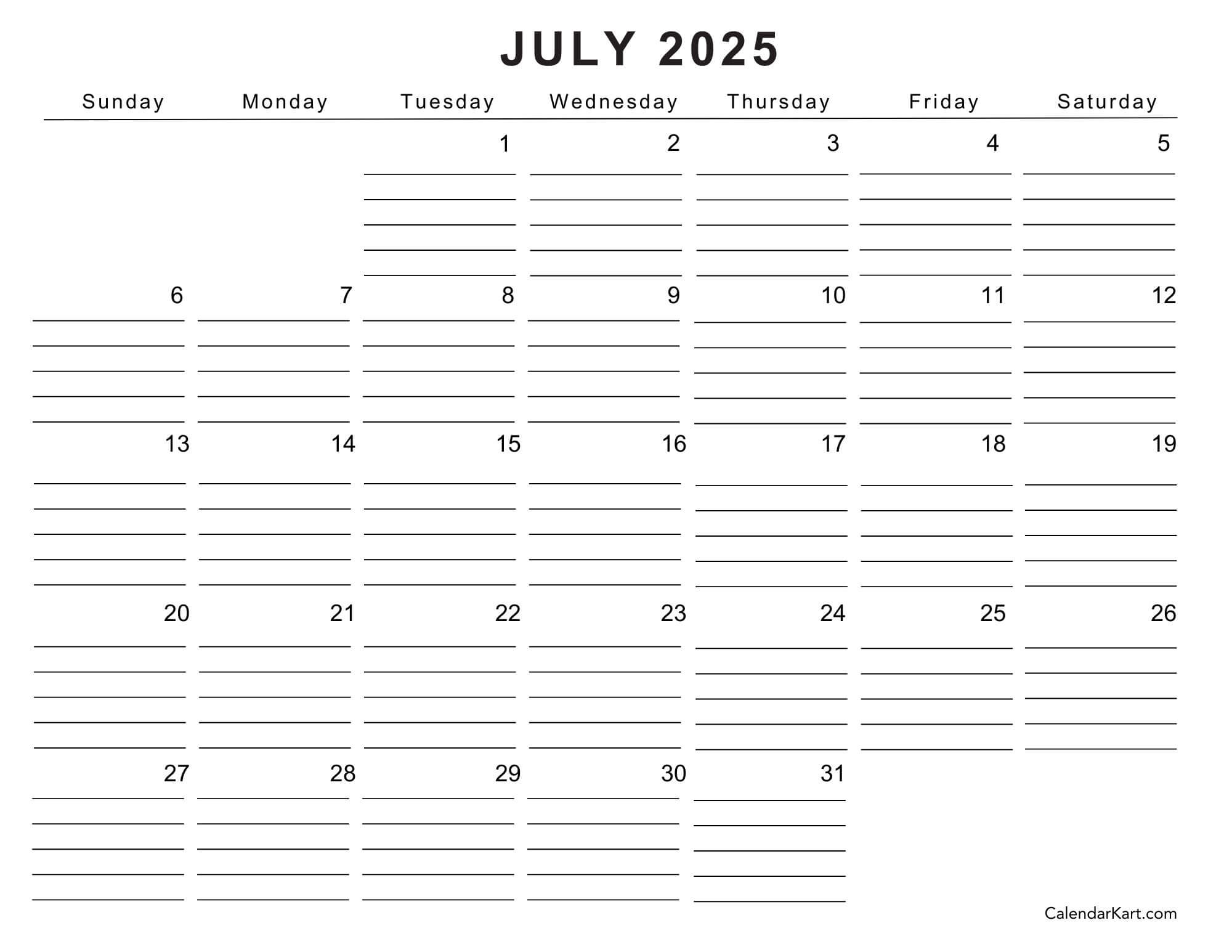 Free Blank July 2025 Calendar