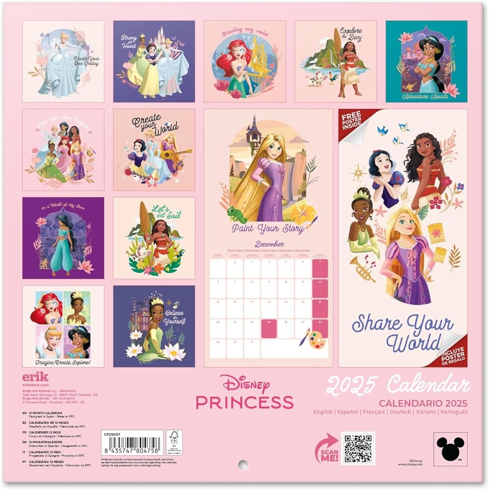 Grupo Erik Disney Princess Wall Calendar 2025 Monthly Calendar 30 X 60 Cm January 2025 To December 2025 Amazon ca Office Products