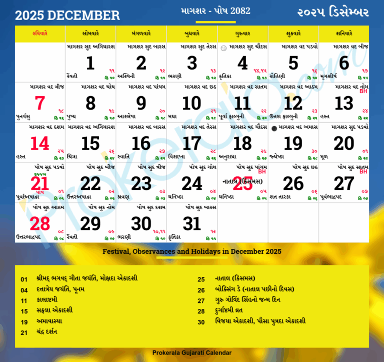 Gujarati Calendar December 2025 Vikram Samvat 2082 Magshar Posh