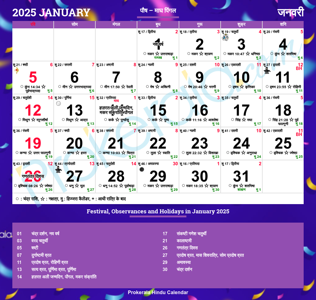 July Calendar 2025 Hindi