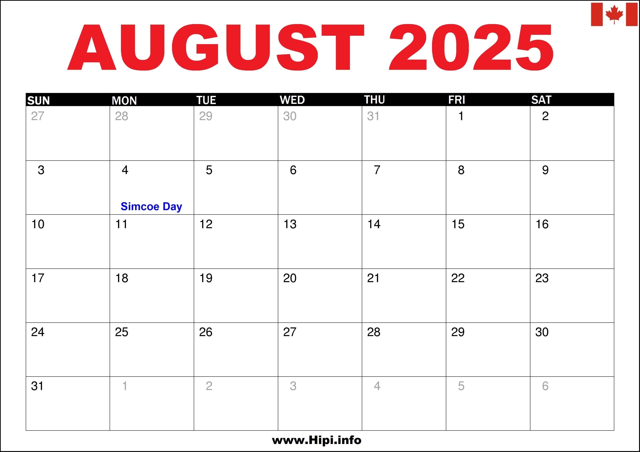 Canada Calendar August 2025