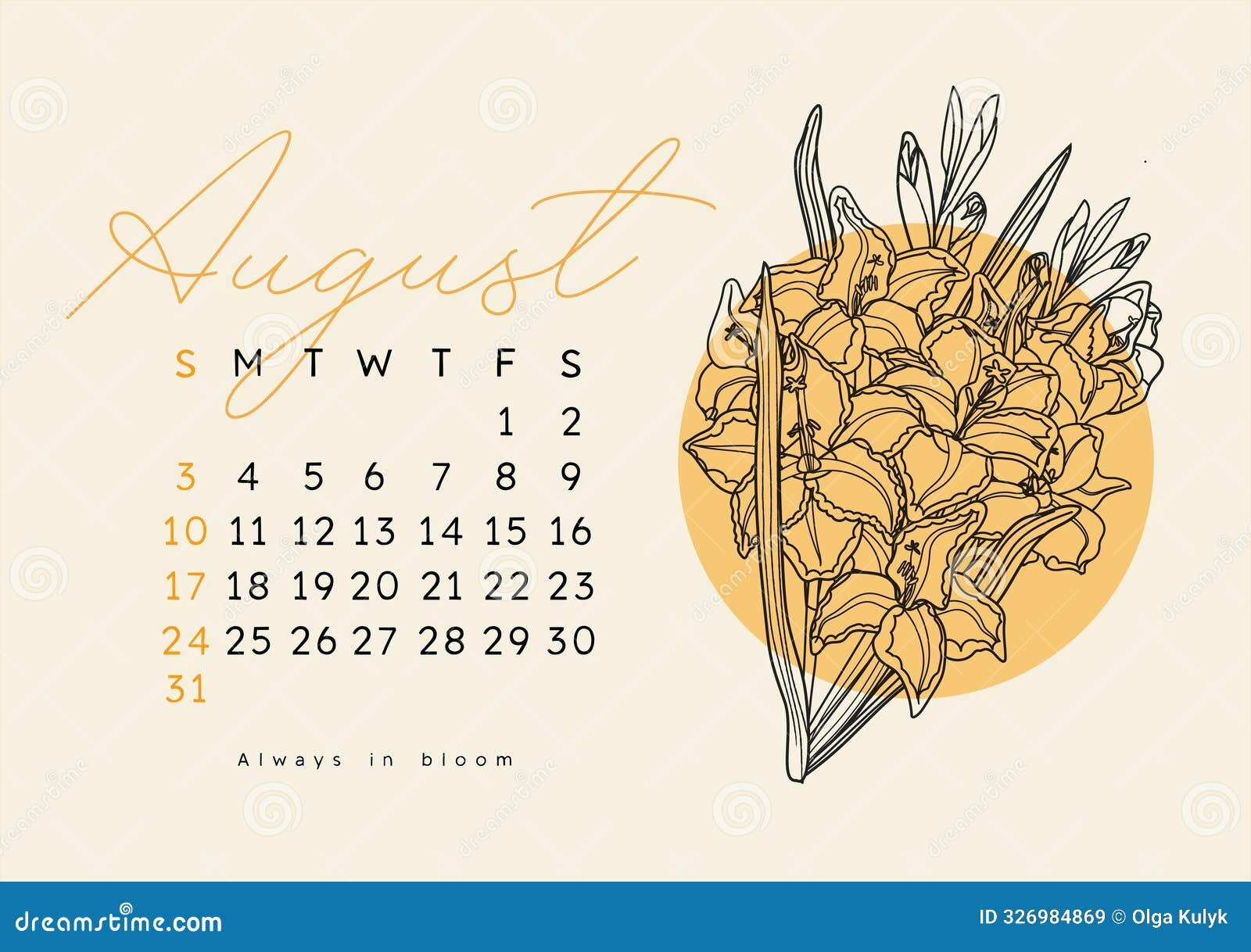 Horizontal Calendar Page For August 2025 With Summer Gladiolus 