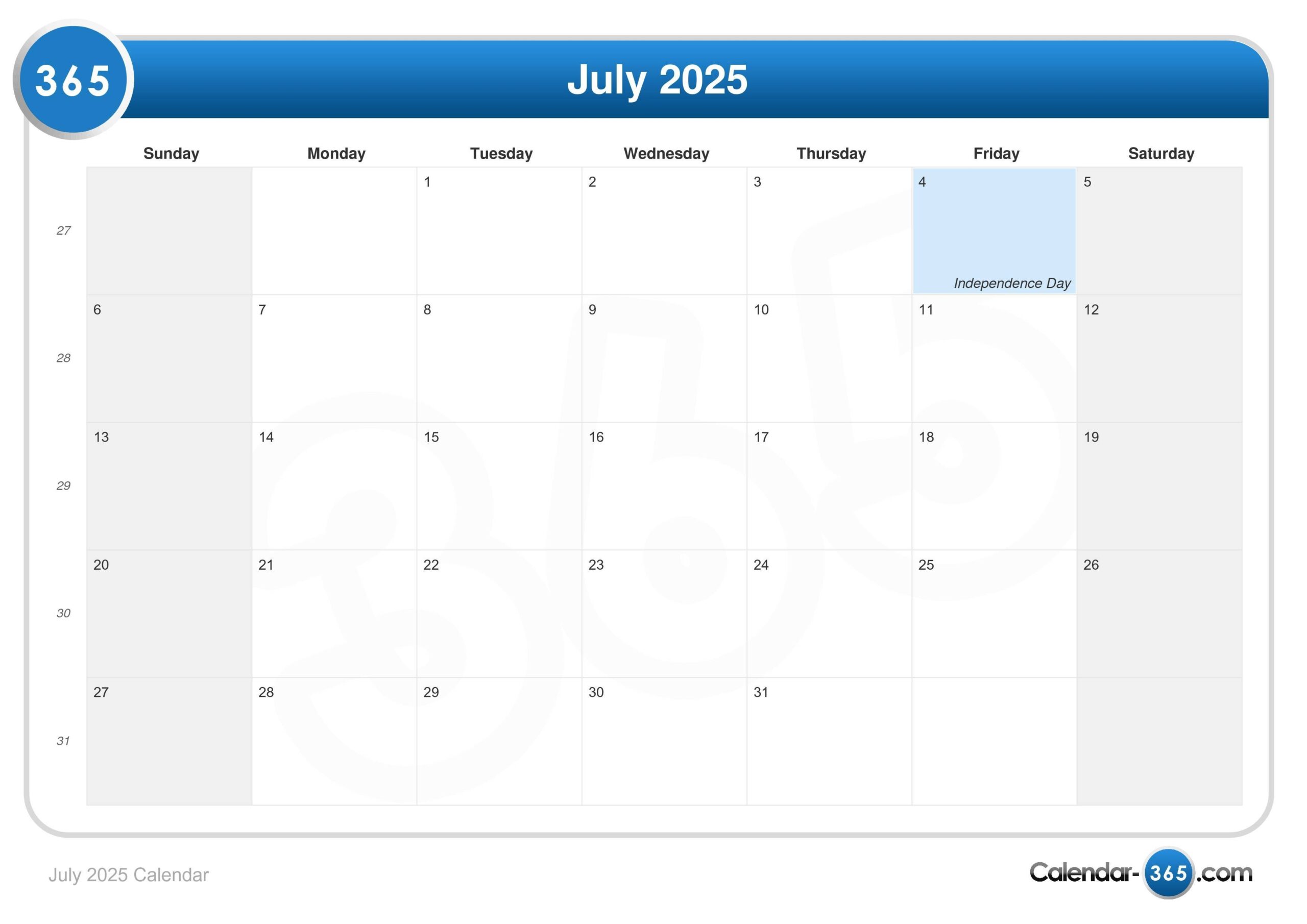 July 11th 2025 Calendar