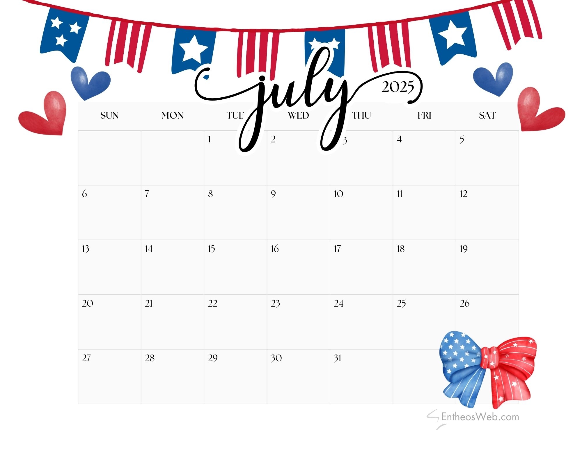 Free Printable July 2025 Calendar Word