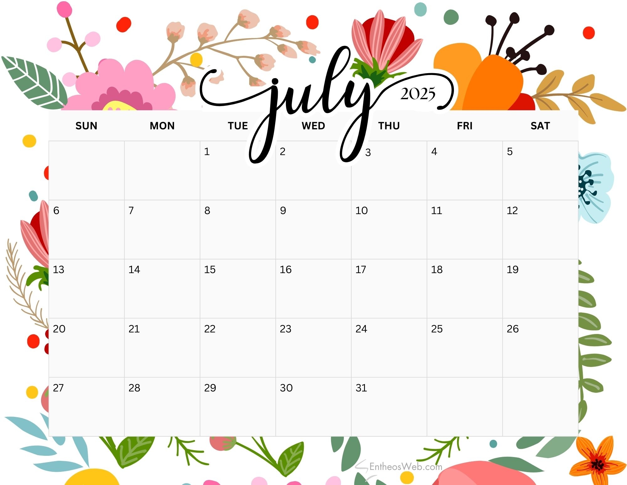 Printable Calendar 2025 Monthly July Printable Calendar 2025 Monthly July