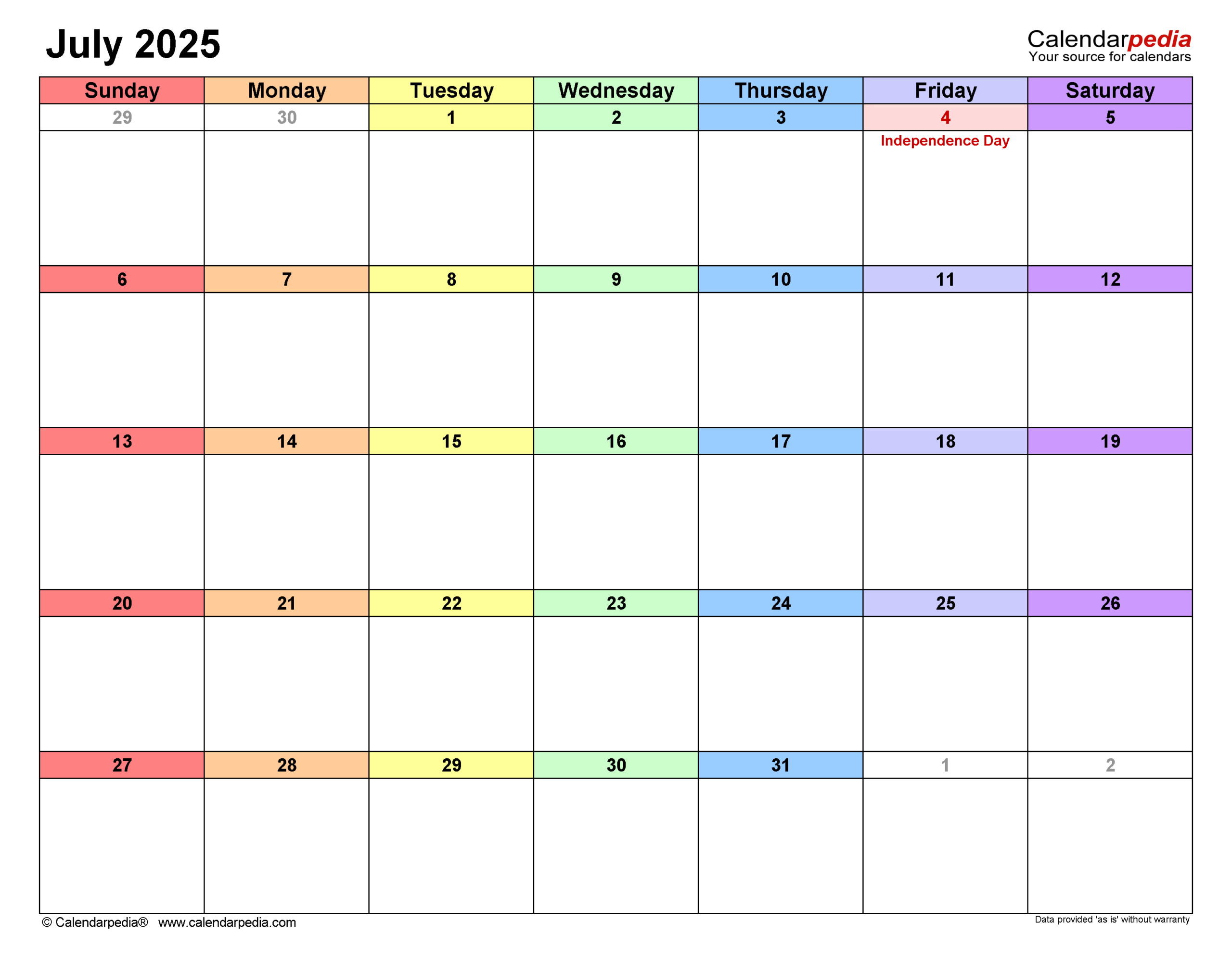 Editable Calendar 2025 July