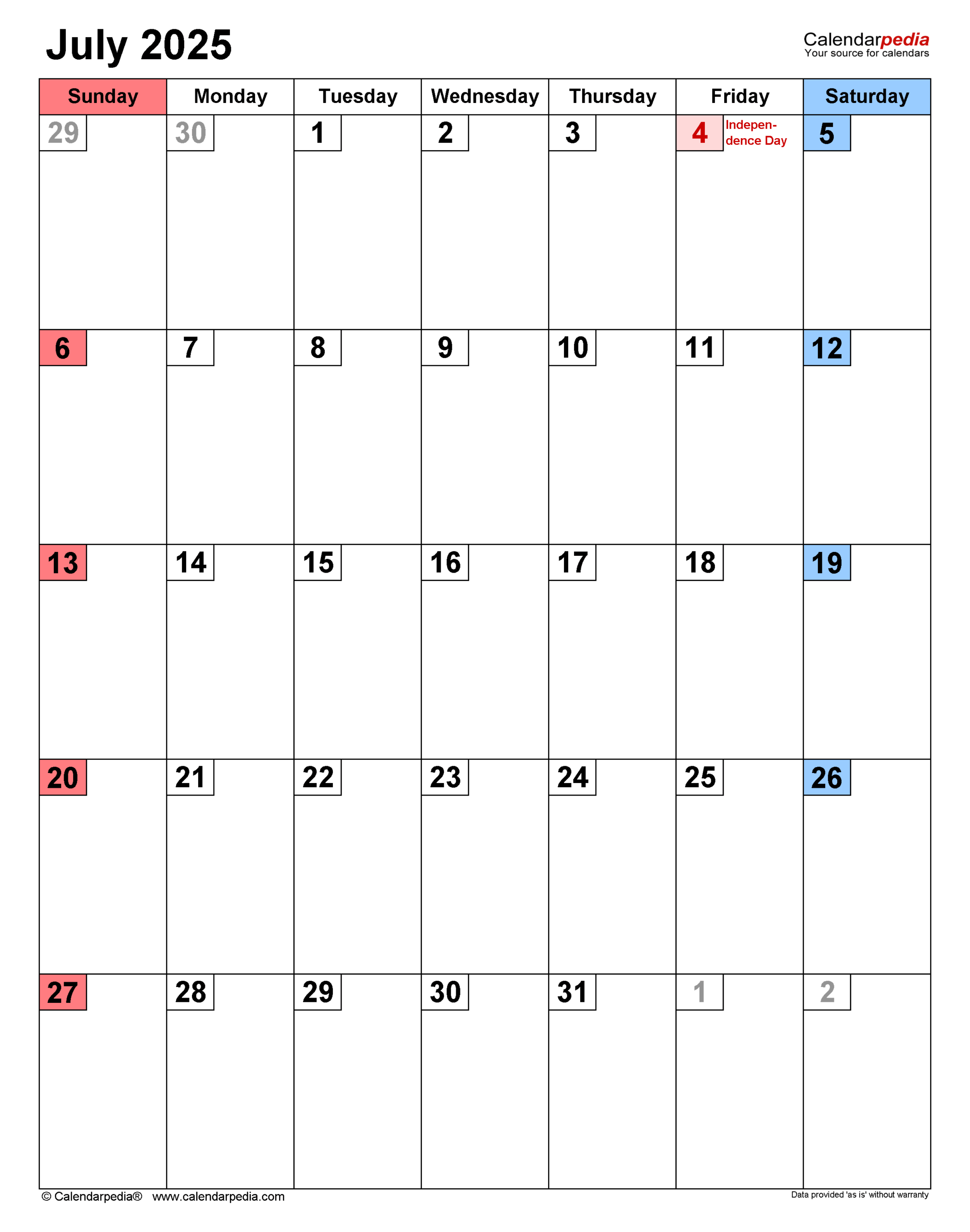 July 2025 Calendar Templates For PDF Excel And Word