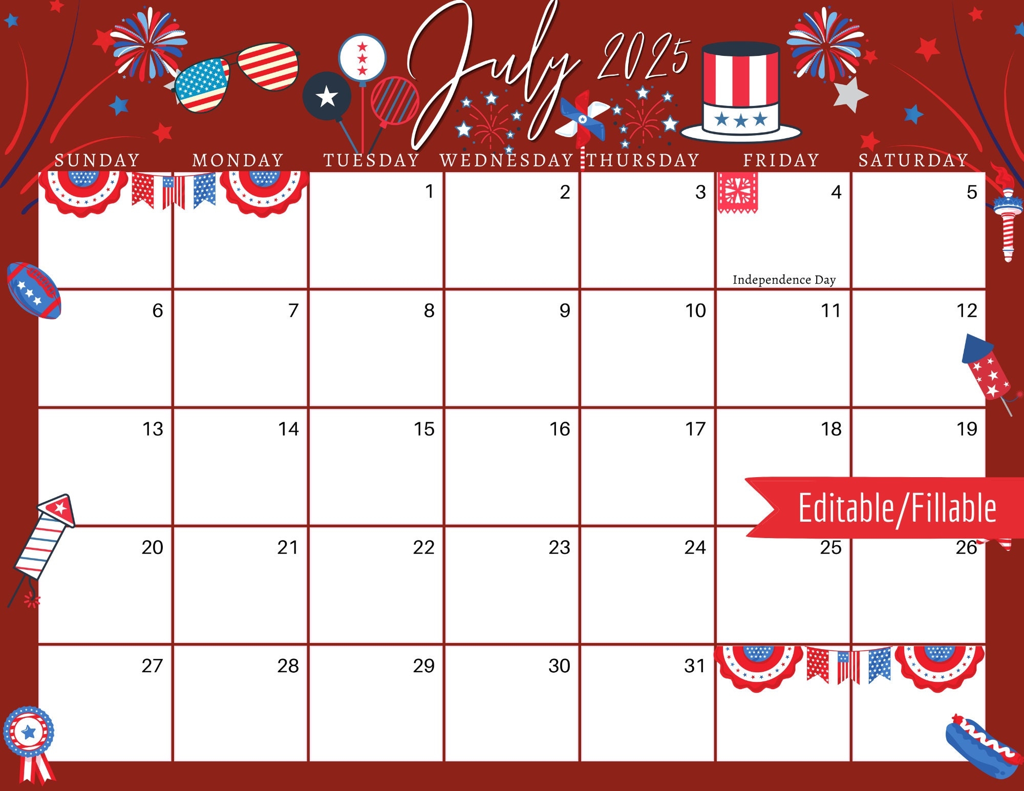 July 2025 Digital Calendar Red 4th Of July Planner Editable Fillable Printable Calendar For Planning PDF PNG And JPG Download Etsy