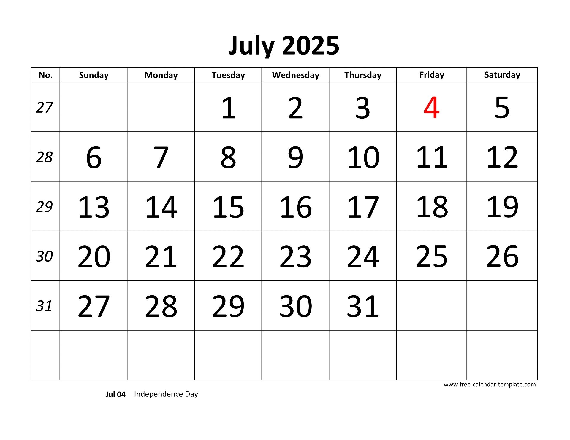 Fillable Calendar 2025 July