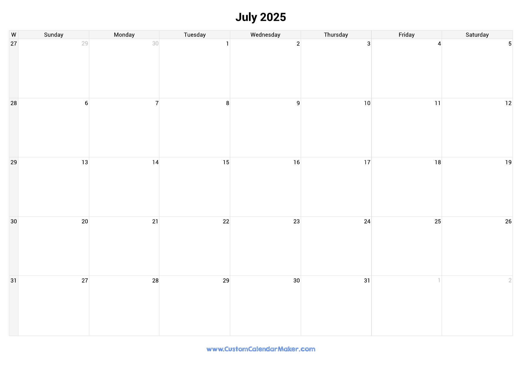 July 2025 Printable Calendar With Week Numbers Custom Calendar Maker