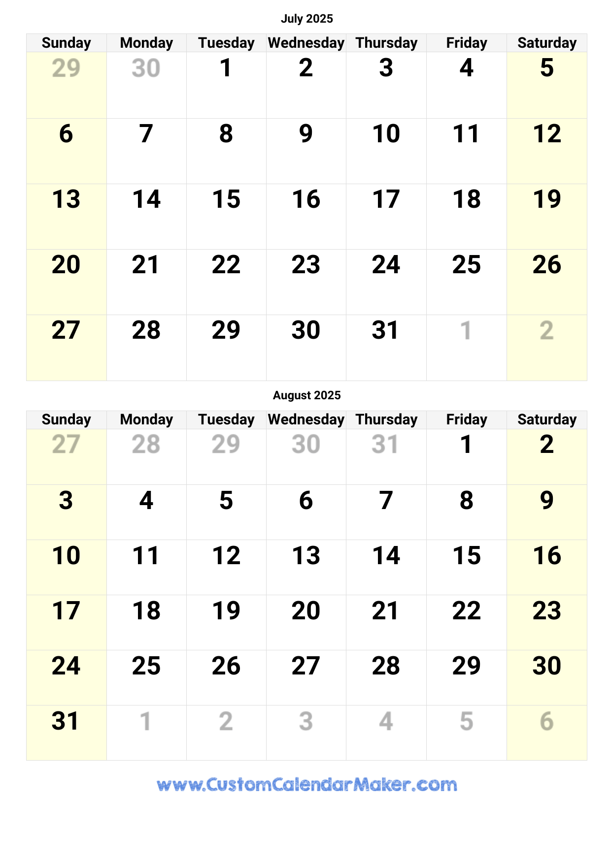 July August Blank Calendar 2025