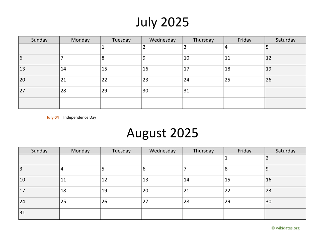 July And August 2025 Calendar WikiDates