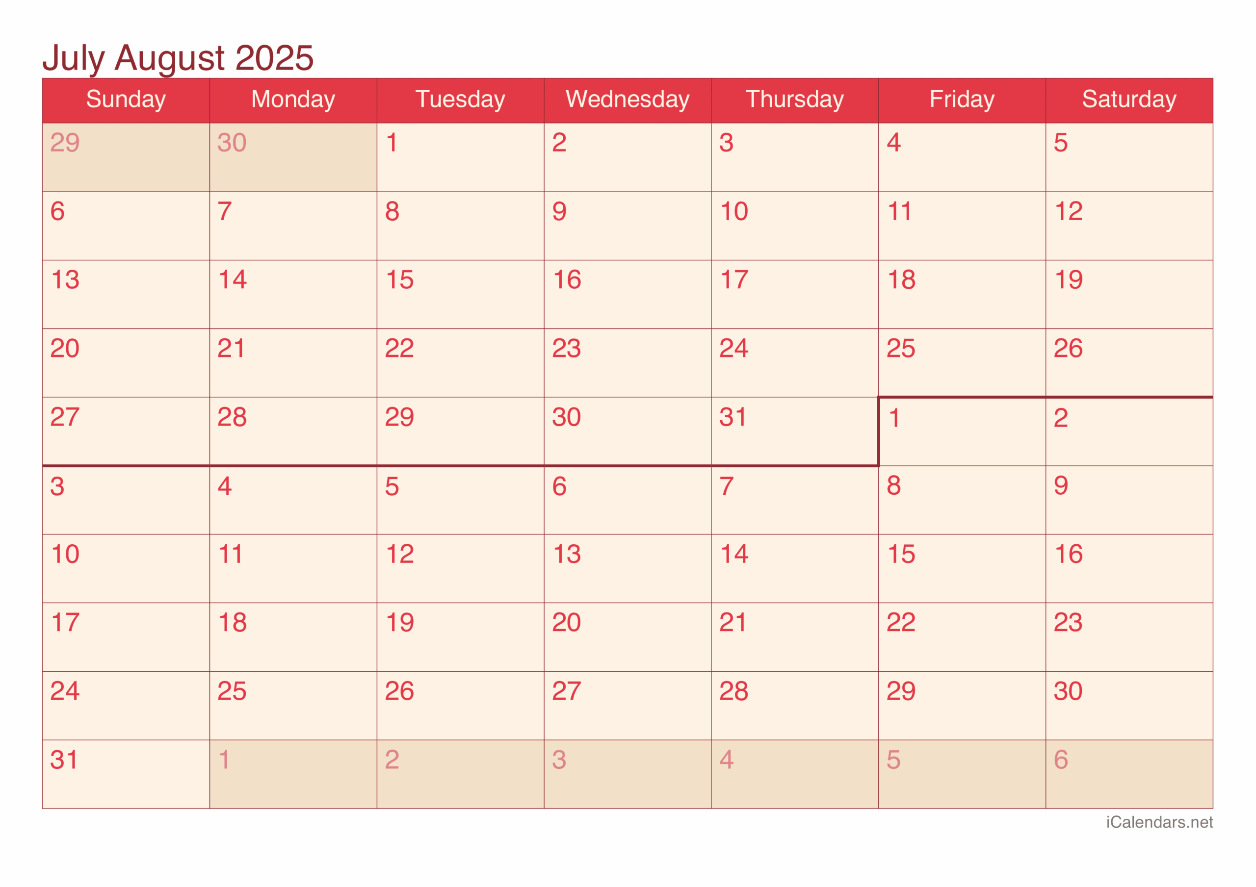 July August Sept 2025 Calendar