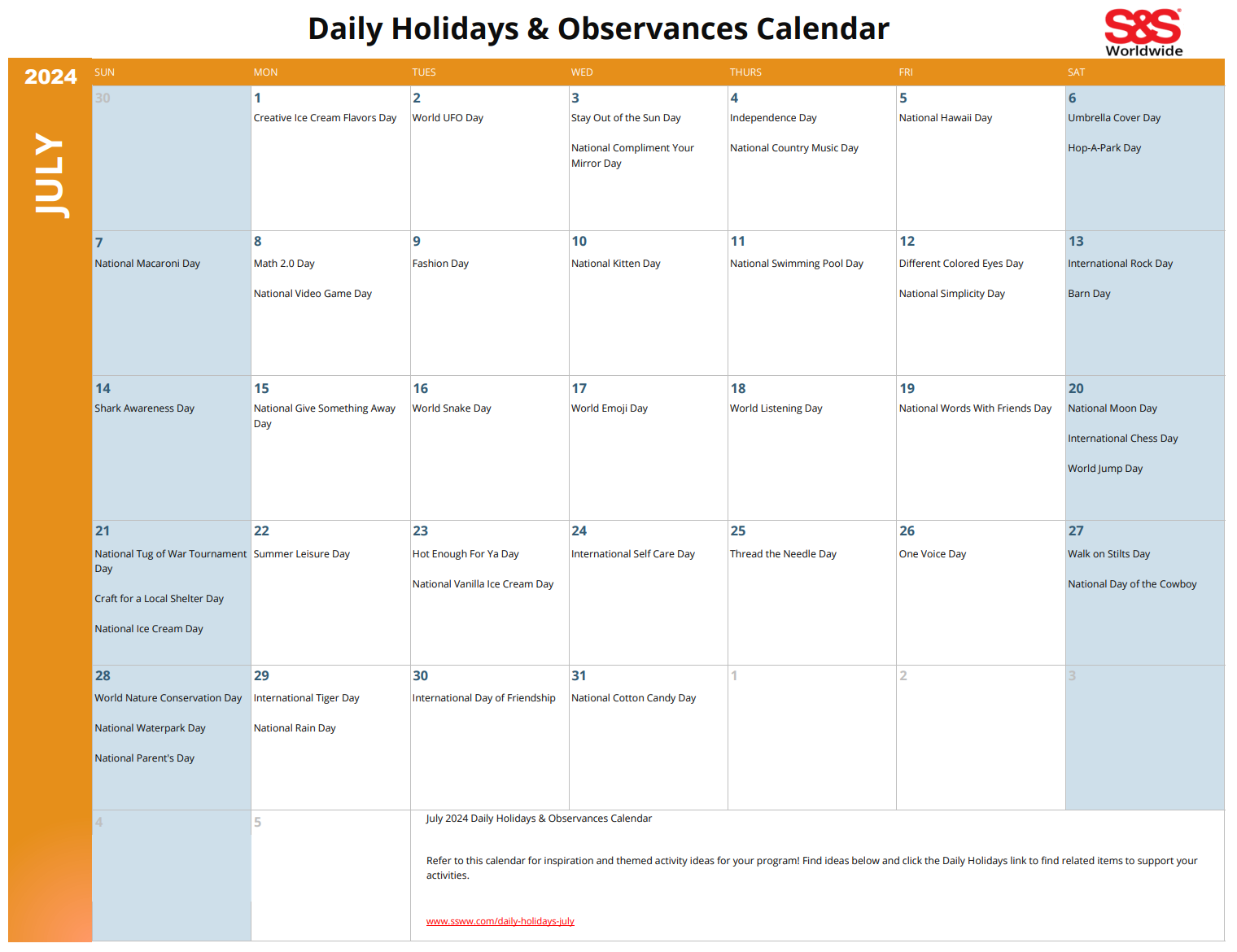 July Daily Holidays U0026 Observances Printable Calendar Su0026S Blog